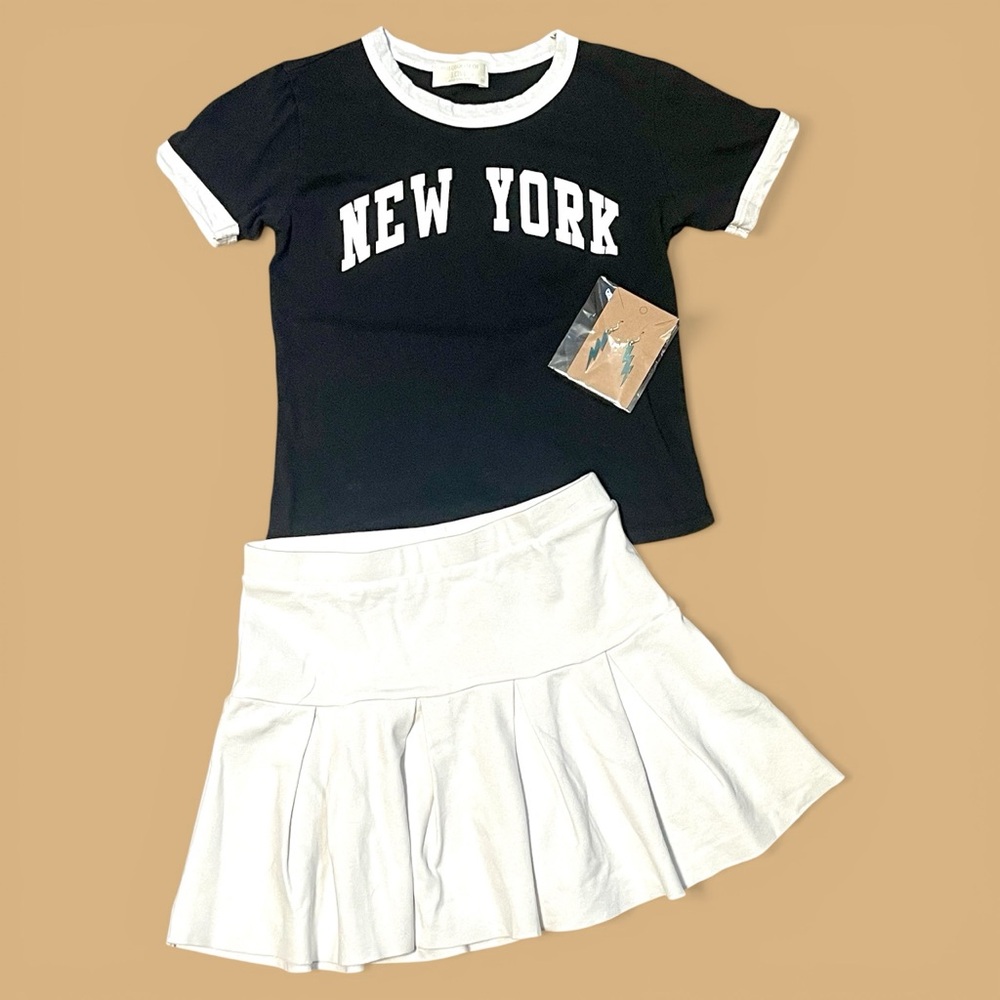 Girls 10/12 Black NY tee white ruffled tennis skirt outfit & lightning earrings